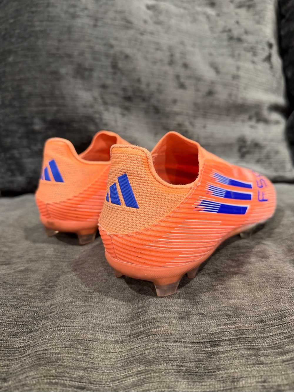 adidas Laceless Soccer Cleats in Neon Orange with Blue Accents - Picture 2 of 6